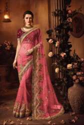 New Pink Embroidery Saree For Ladies
