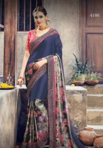 New Royal Blue Chiffon Printed Saree For Women by Mayur Family Shop