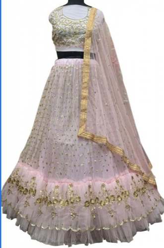 Pink Embroidered Net Lehenga Choli by Shanvis