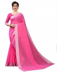Plain Pink Lace Border Saree For Ladies