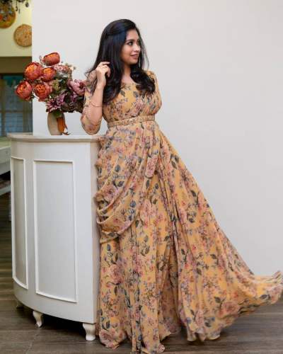 Faux Georgette Flower Digital Print work Gown