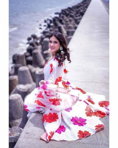 Floral Printed White Gown With Palazzo Pant