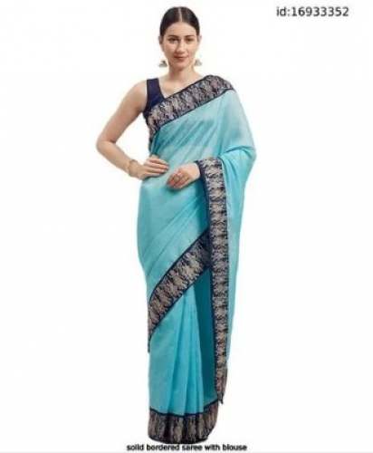 Sky Blue Plain Saree With Dark Blue Border by Aman Saree Centre