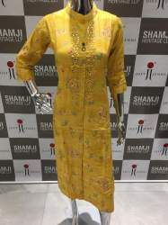 Band Collar Yellow Embroidered Kurti