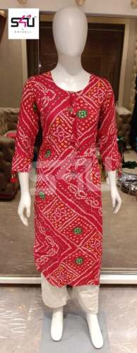 Functional Wear Red Bandhani Kurti 