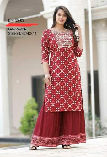 Rayon Printed Red Palazzo Set  by Nav Jyoti collections