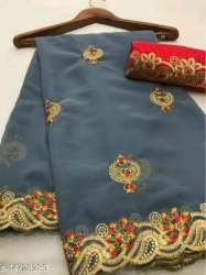 Embroidery Work Chiffon Saree For Ladies