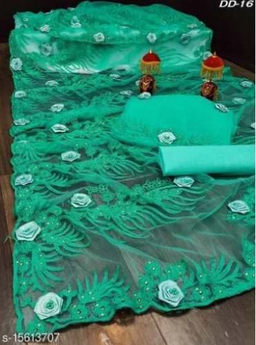 New Green Net Embroidery Saree For Ladies by Dwija Sarres