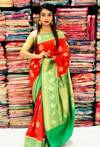 New Red And Green Banarasi Silk Saree by Adi Dhakeswari