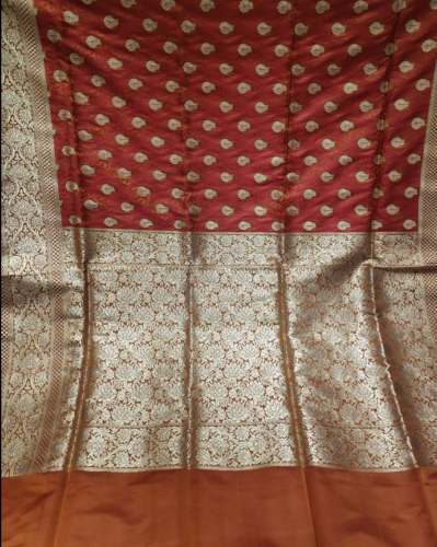Red And Cream Banarasi Silk Saree At Wholesale