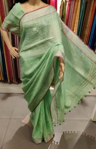 Green Linen Saree With Silver Stripes Design by Prism Designs