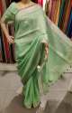 Green Linen Saree With Silver Stripes Design