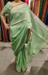 Green Linen Saree With Silver Stripes Design