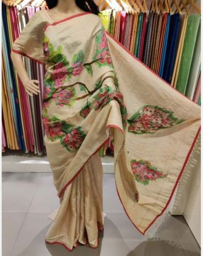 Light Beige Hand Painted Tussar Silk Saree by Prism Designs