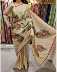 Light Beige Hand Painted Tussar Silk Saree