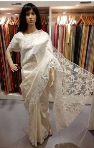 Pearl White Raw Silk Twine Cutwork Bridal Saree by Prism Designs