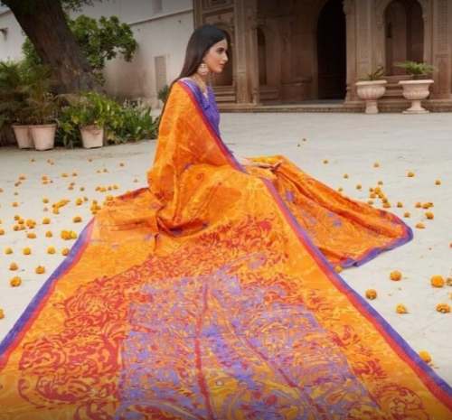 New Collection Orange Printed Saree For Ladies