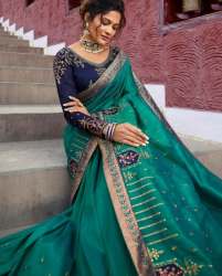 Sea Green Stone Work Embroidery Saree For Ladies
