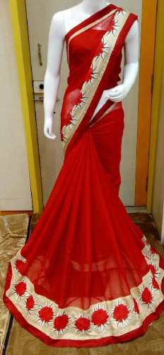 Party wear Red Saree With Flower Border by Mithra Boutique