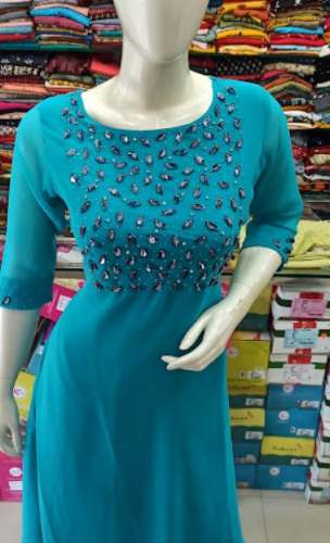 Turquoise blue Embroidered Kurti  by Milana