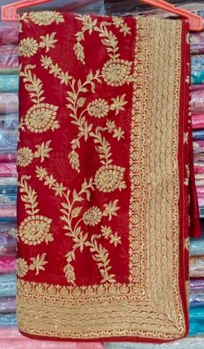 New Embroidery Red Work Saree For Ladies