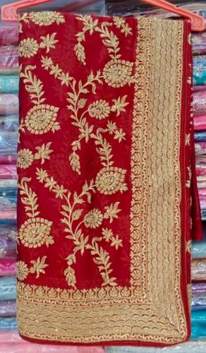 New Embroidery Red Work Saree For Ladies by Muskan Fashion House