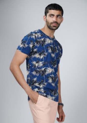 Round Neck Blue Printed T Shirt For Men by Sharda Traders