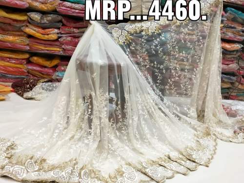 Party Wear Net White Embroidered Saree