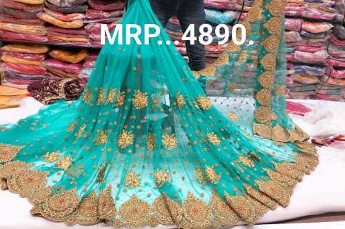 Turquoise Embroidered Work Saree  by Menka Saree Showroom