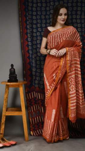 Cotton Mulmul Handblock Printed Saree by Meraki Designers Hub