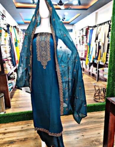 Teal Green Embroidered Dress Material 