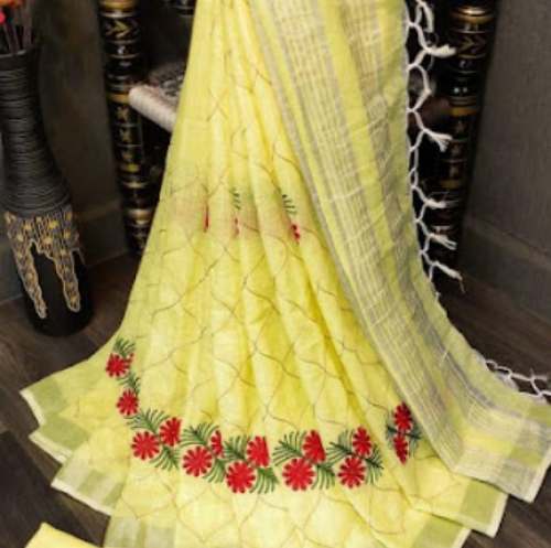 New Lemon Yellow Work Saree For Ladies