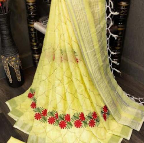 New Lemon Yellow Work Saree For Ladies by Radha Rani Vastralay