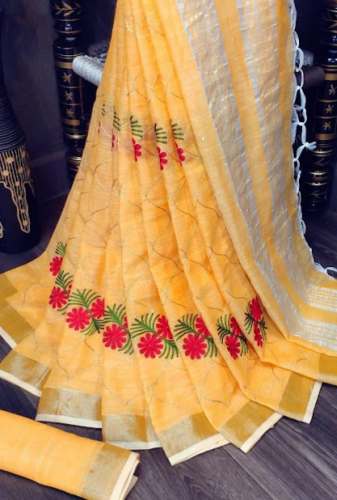 New Mustard Yellow Embroidery Saree For Ladies by Radha Rani Vastralay