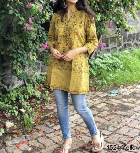 Yellow Cotton Printed Tunic Top by Stachis Fashion Hub