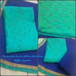 Hand Work Chanderi Blue Dress Material 