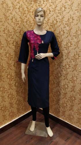 Plain Blur Kurti With Pink Pattern  by Kamaneeya