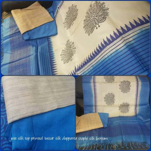 Sky Blue Printed Tussar Silk Dress Material 