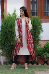 Trendy Plain Kurti With Red Shrug Jacket 