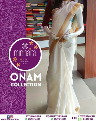 Onam Special White Kerala Cotton Saree by Minnara Boutique