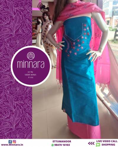 Sky Blue and Pink Embroidered Dress Material 