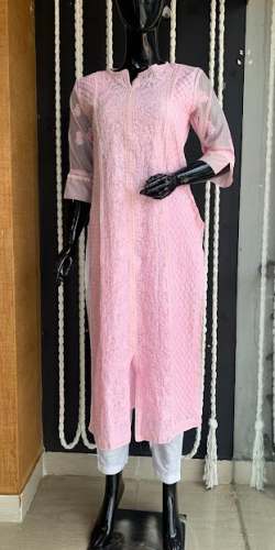 Fancy Pink Chikan Work Kurti  by Cholas Clothing