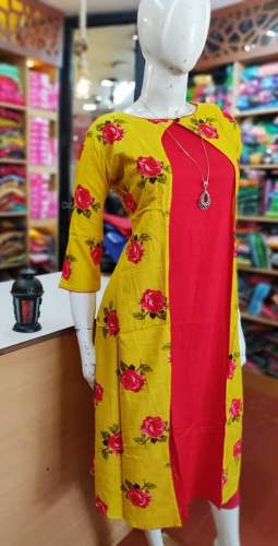 Red plain Kurti With Yellow Printed Shrug