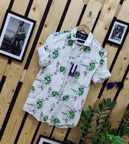 White Men Shirt with Green Flower Print  by Urban Trendz