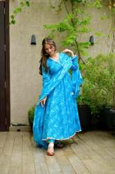 Attractive sky Angrakha Style Silk Gown Pant With Dupatta