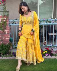 Awesome Yellow Georgette Sharara Suit
