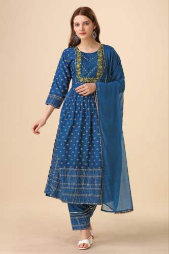 Beautiful Rayon Nayra Cut Kurti With Pant Dupatta Set 