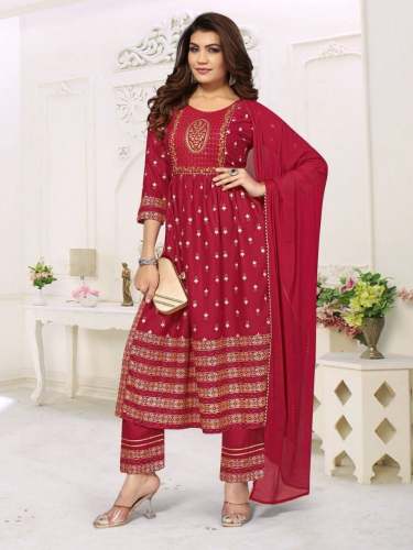 Beautiful Rayon Nayra Cut Kurti With Pent Duppta Set 