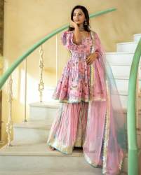 Beautiful Rayon Sharara Suit With Organza Dupatta