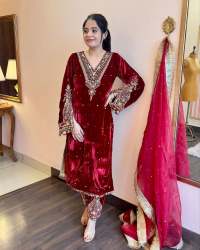 Beautiful Viscose Velvet Suits With Organza Silk Dupatta 